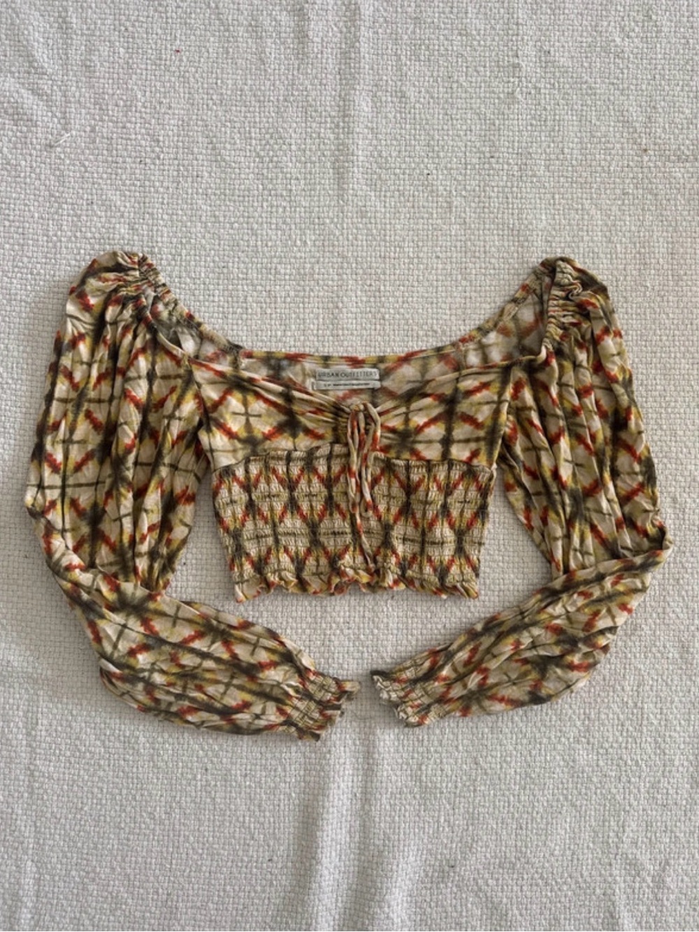 Urban Outfitters Yellow Cream Patterned Smocked Off-Shoulder Crop Top